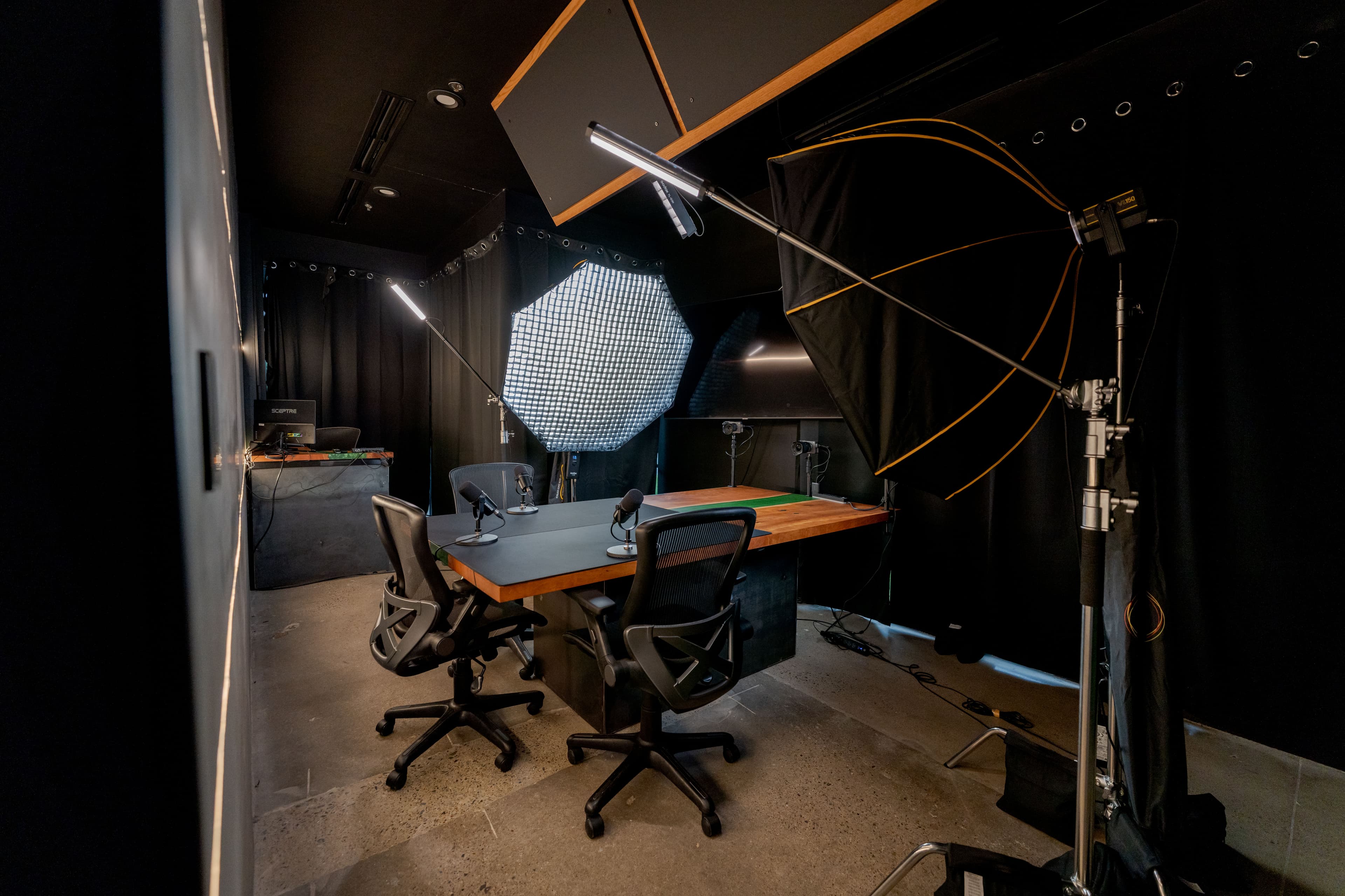 Professional podcast recording studio with audio equipment in Plano TX at Habitat Commons near Dallas